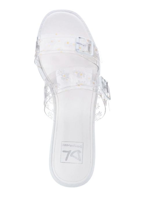 Top view of White platform slides with a daisy design on a clear strap and oversized buckles.