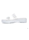 Side view of White platform slides with a daisy design on a clear strap and oversized buckles.