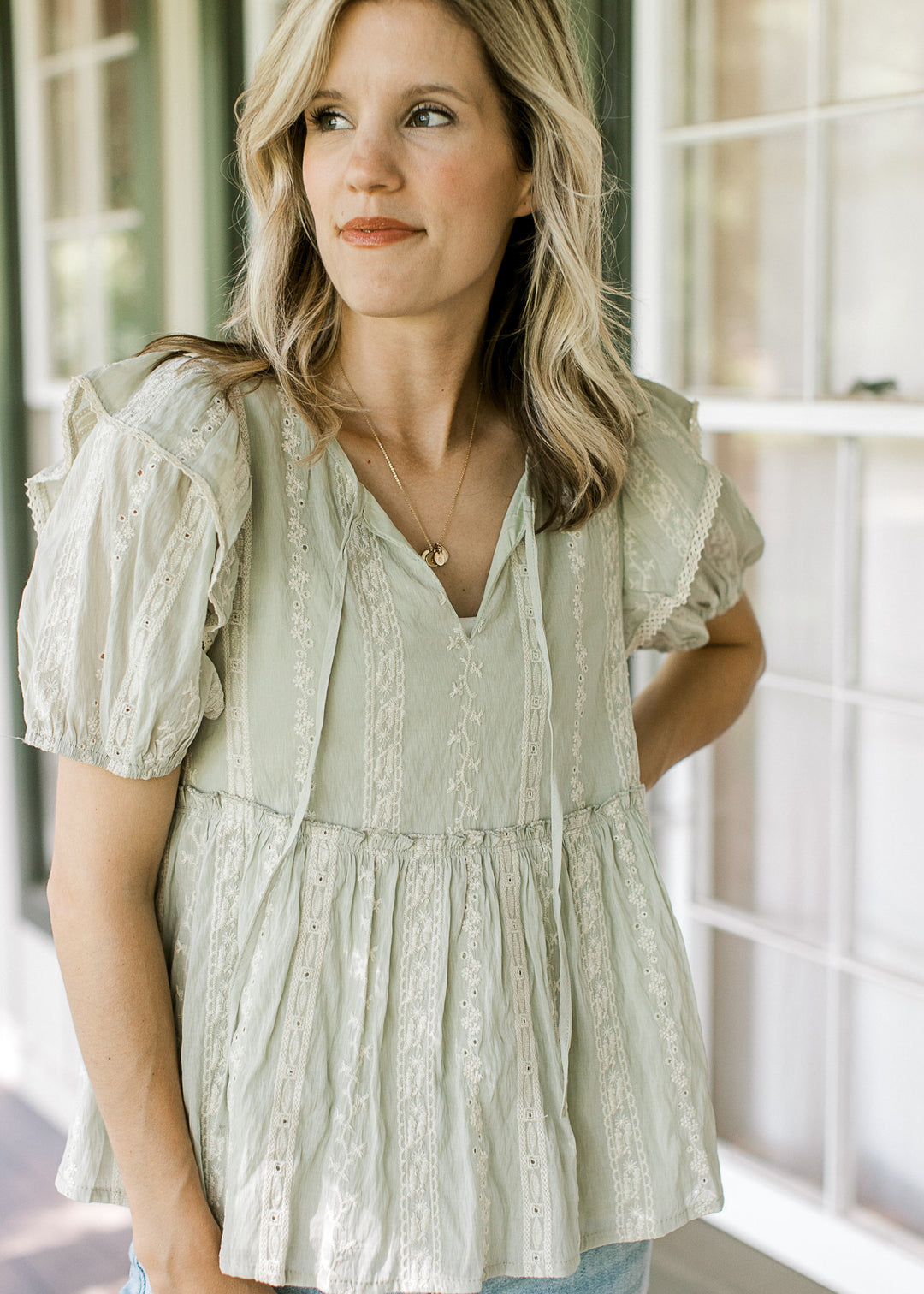 Sage and Cream Embroidered Top