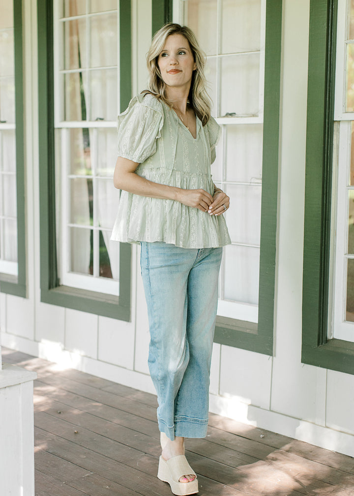 Sage and Cream Embroidered Top