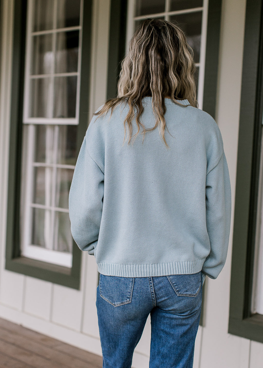 Back view of Model wearing a light blue sweater with a long sleeves and a round neck. 