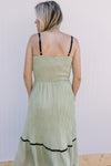 Back view of smocked back on a green pleated dress with adjustable spaghetti straps.