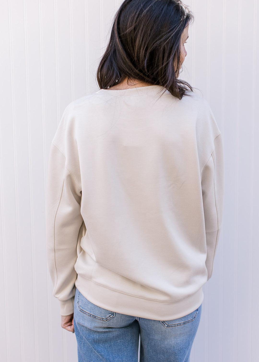 Back view of Model wearing a cream pullover with long sleeves and “Colossians 3:2–4” on sleeve. 