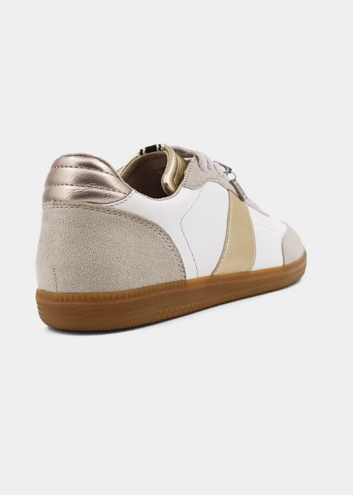 Back view of sneaker with faux leather body, suede uppers, gold trim and camel colored soles.