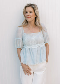 Model wearing a pale blue peplum top with a lace overlay at bodice and a square neck. 