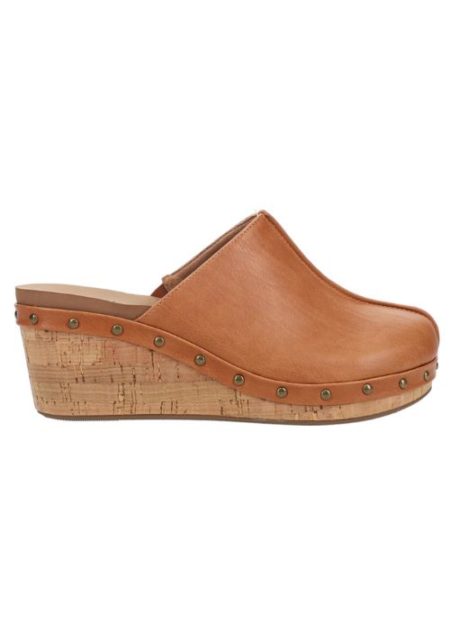 Outside view of cognac clog with ridged design, stud attachment, cushion insole and cork wedge.