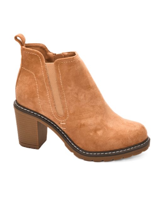 Side view of a Rich camel colored bootie with a chunky 3 inch heel and size zip. 