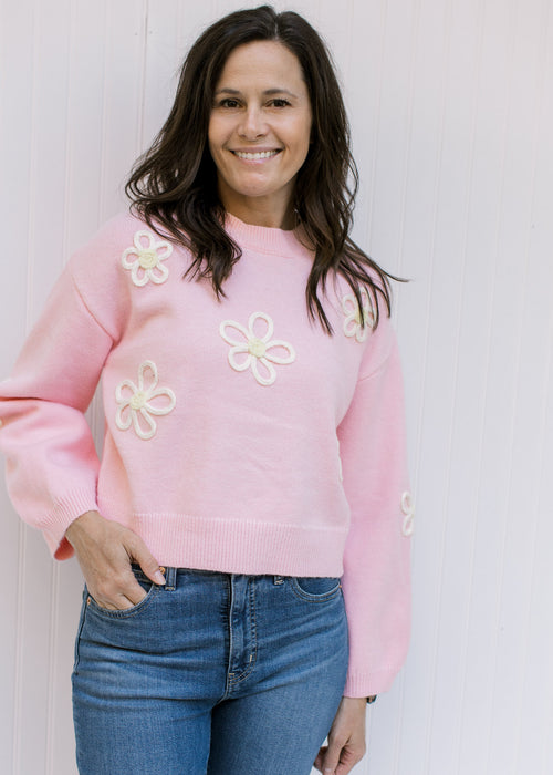 Model wearing a pink sweater with white embroidered flowers, a round neck and long sleeves. 