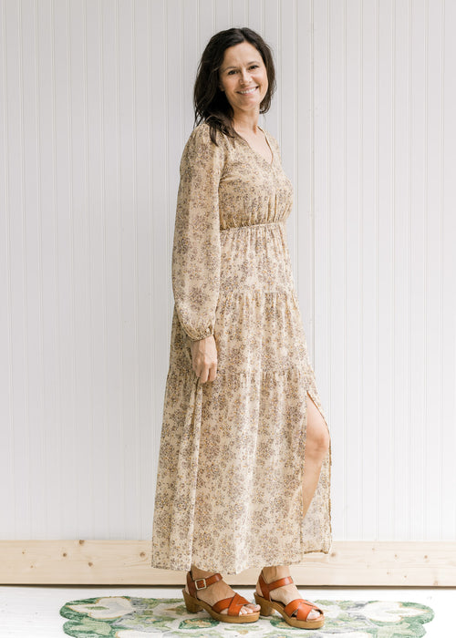 Model wearing a tan maxi with a microfloral print, sheer long sleeves and elastic waist with heels. 