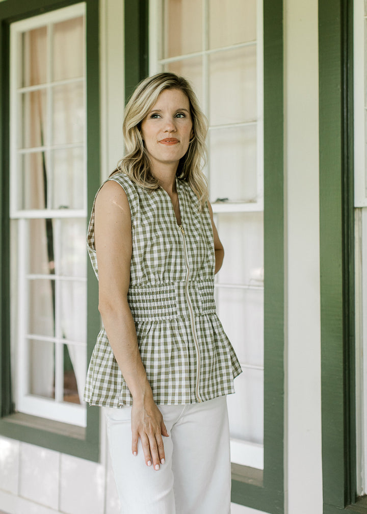 Soft Olive Gingham Top