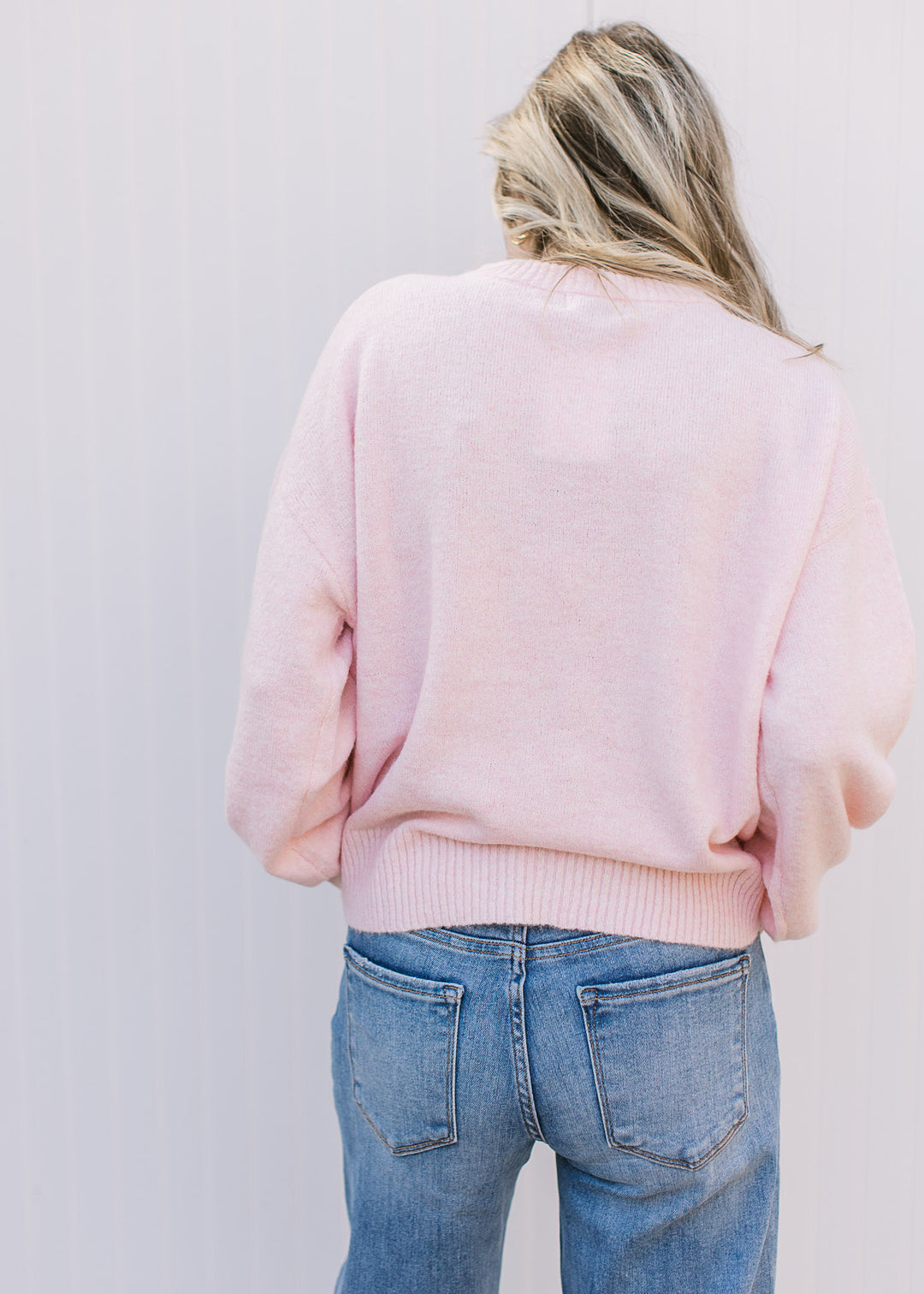 Back view of Model wearing an ultra soft pink sweater with a white swan and long sleeves. 