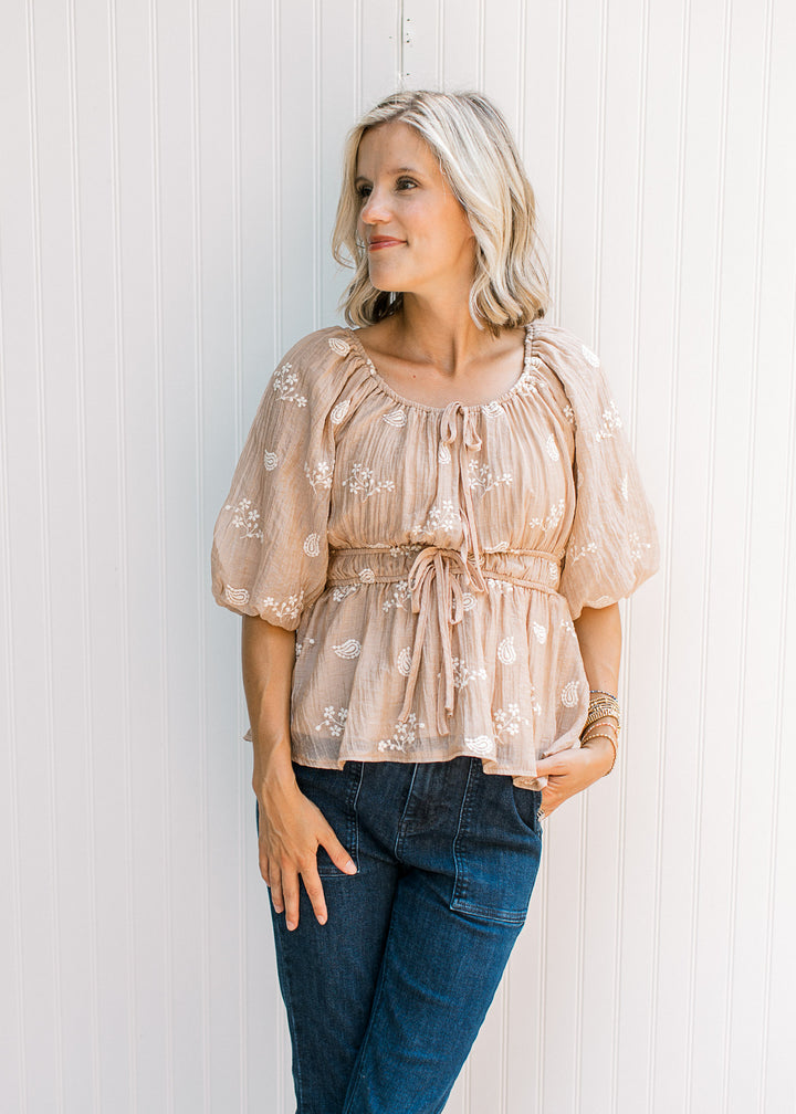 Tan Embroidered Top
