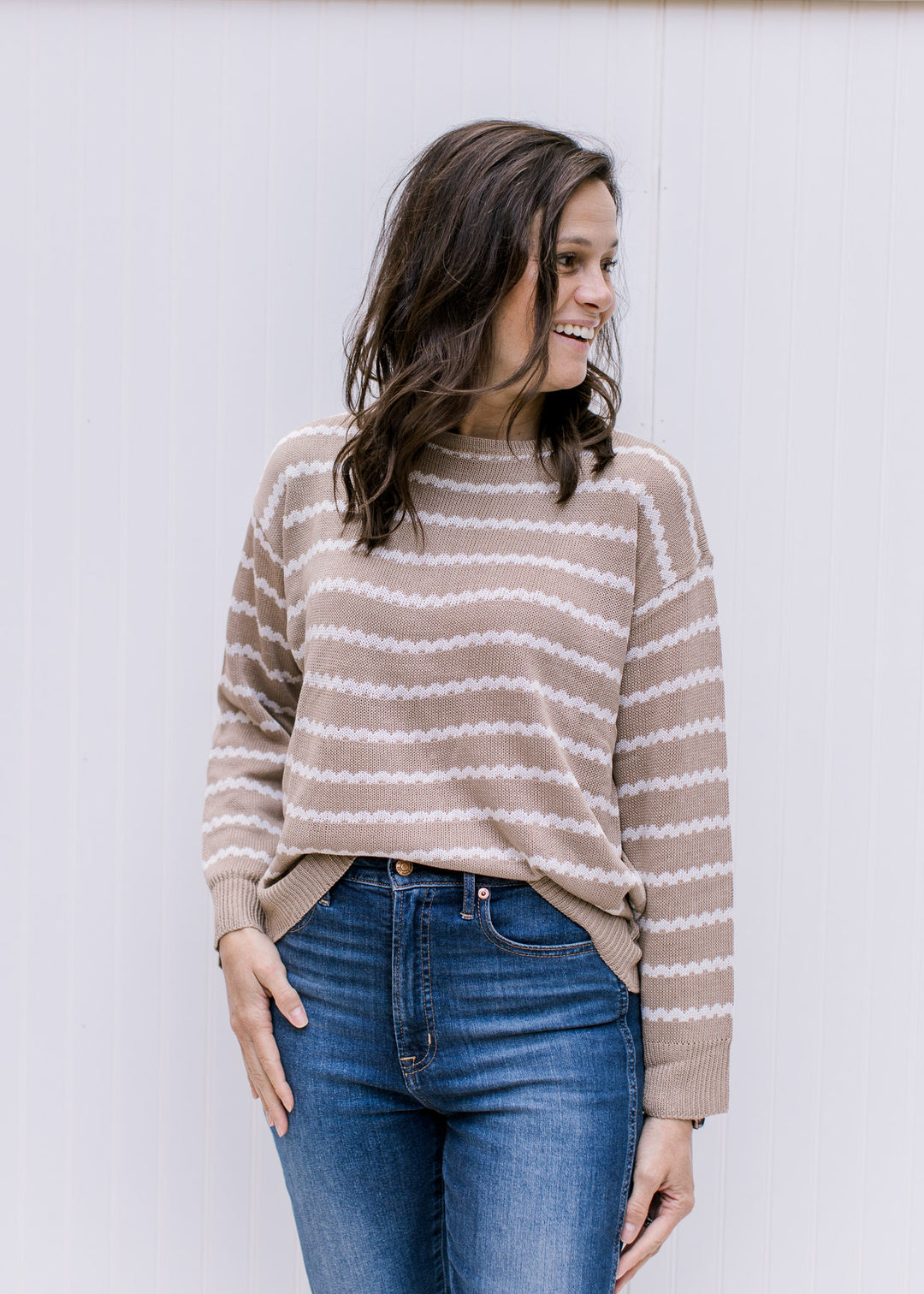 Model wearing a taupe sweater with cream zig zag stripes, a round neck and a zipper in the back. 