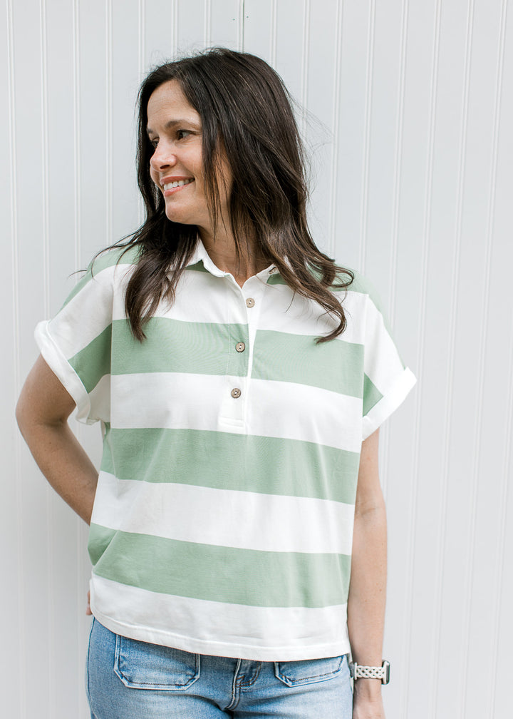 Throwback Collared Tee in Ivory and Sage