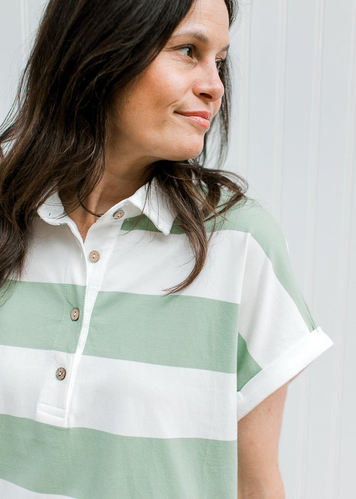 Throwback Collared Tee in Ivory and Sage