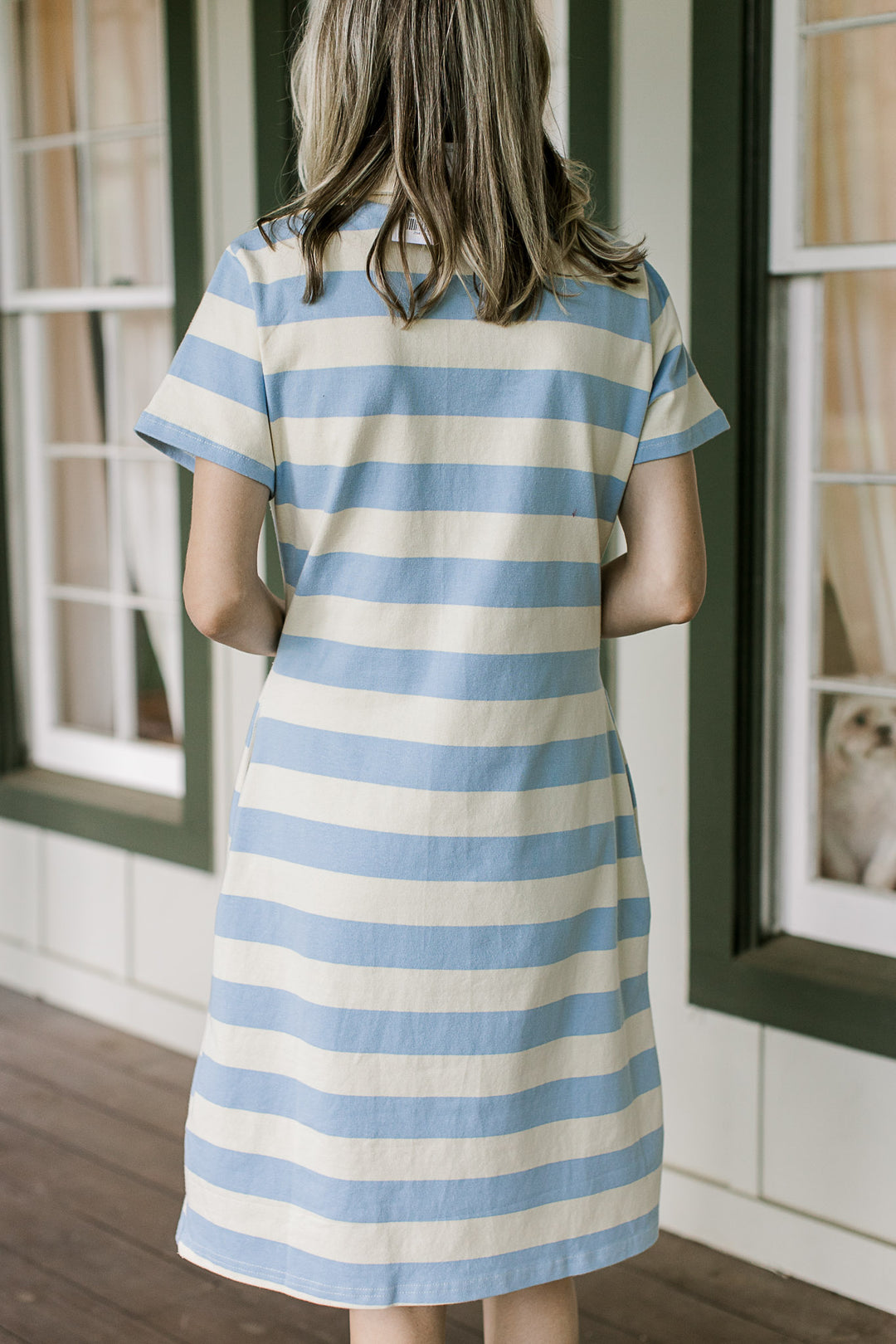 Back view of Model wearing a pale yellow and blue striped dress with a collar and short sleeves. 