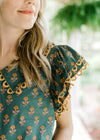 Close up view of scalloped lace on flap collar and layered short sleeves of a teal top.