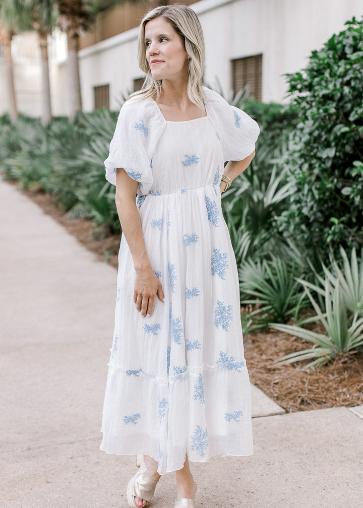 White Midi Dress with Blue Embroidered Flowers | Bubble Sleeves