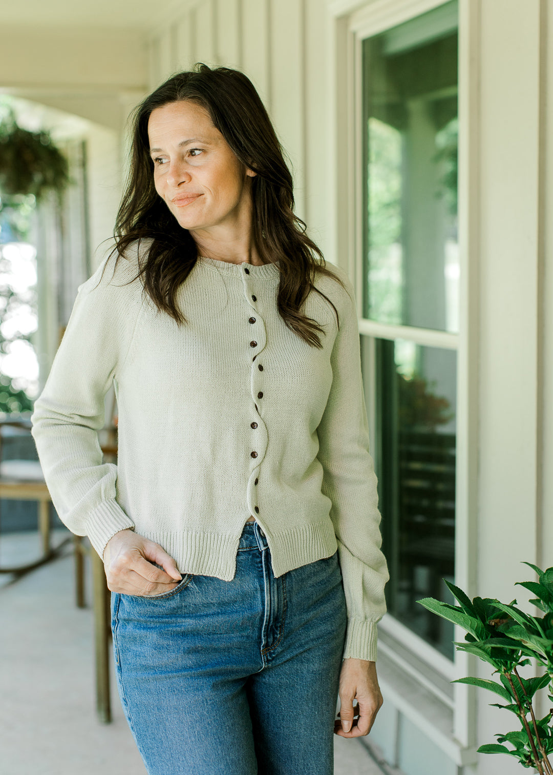Wave Trim Pistachio Button Cardigan