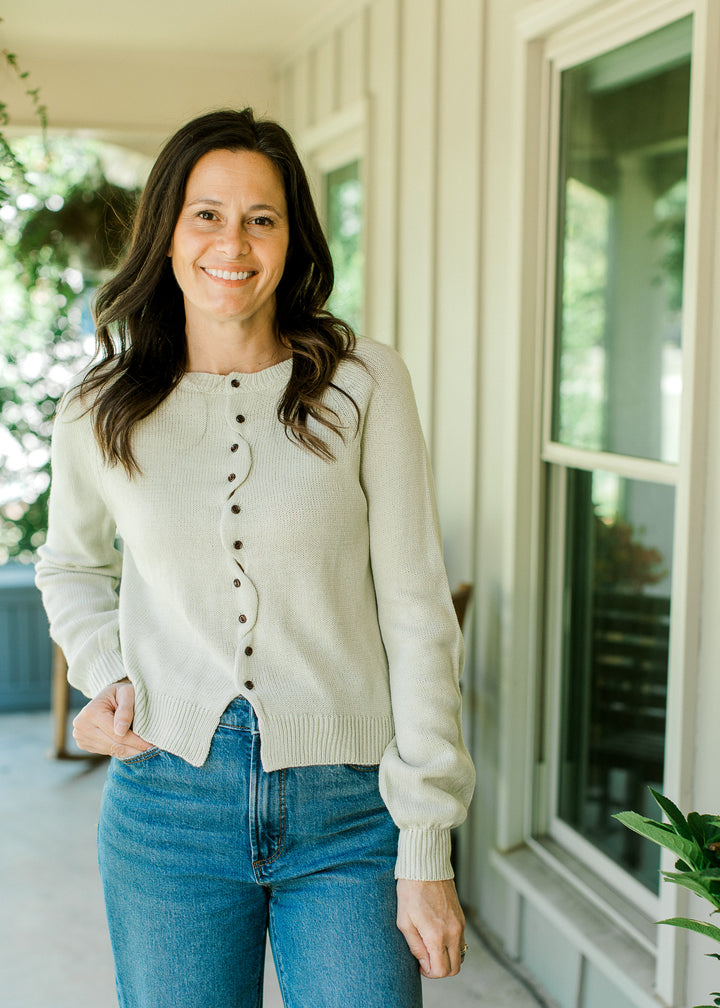 Wave Trim Pistachio Button Cardigan