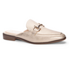 Side view of gold mule with gold buckle.