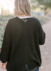Back view of blonde model wearing a black cardigan. 