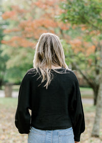 Back view of Blonde model wearing a black sweater.
