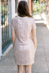 Back view of Brunette model wearing short sleeve sequin dress.