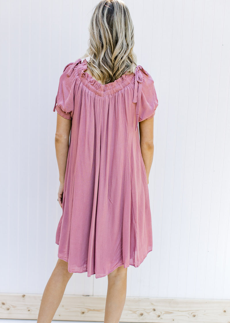 Back view of Model wearing an above the knee rose colored dress with short sleeves and a tie neck. 