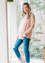 Latte long sleeve bamboo top on blonde model with jeans.