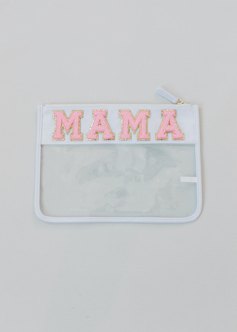White clear plastic pouch with MAMA varsity letters in pink on white background