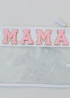 Close up of White clear plastic pouch with MAMA varsity letters in pink.