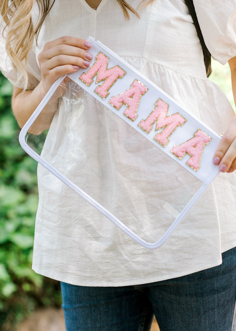 White clear plastic pouch with MAMA varsity letters in pink.