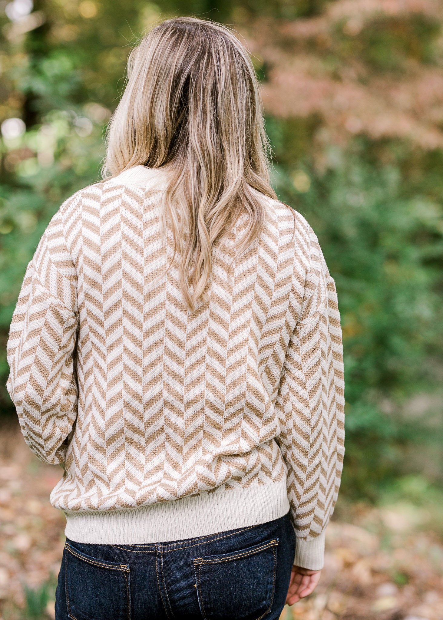 Back view of Blonde model wearing a taupe and cream zig zag sweater. 