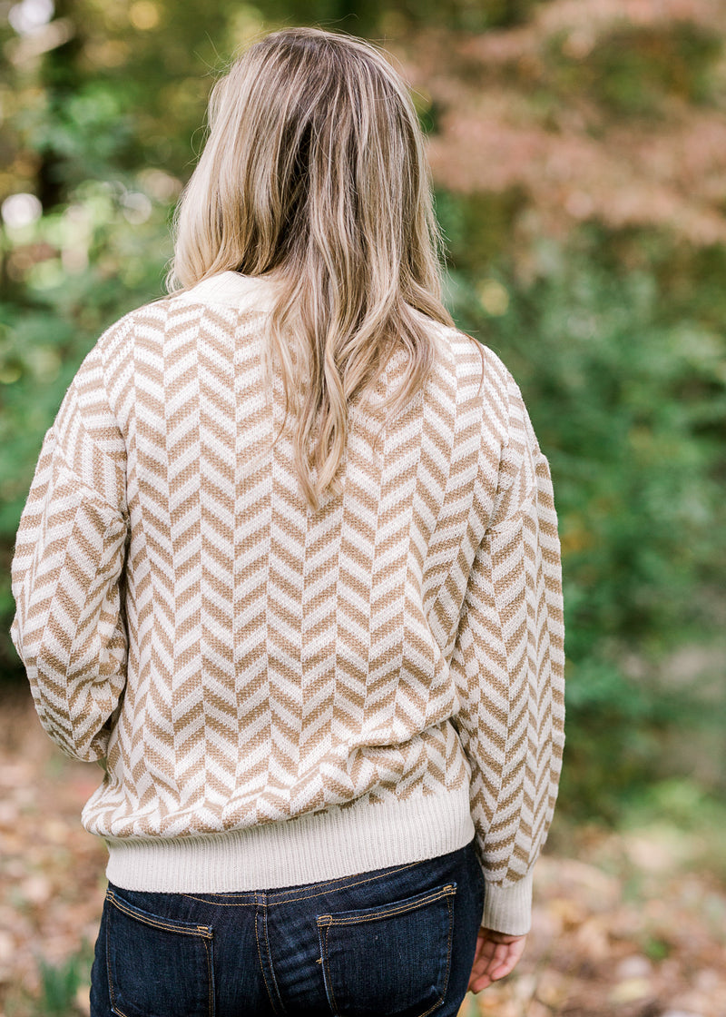 Back view of Blonde model wearing a taupe and cream zig zag sweater. 