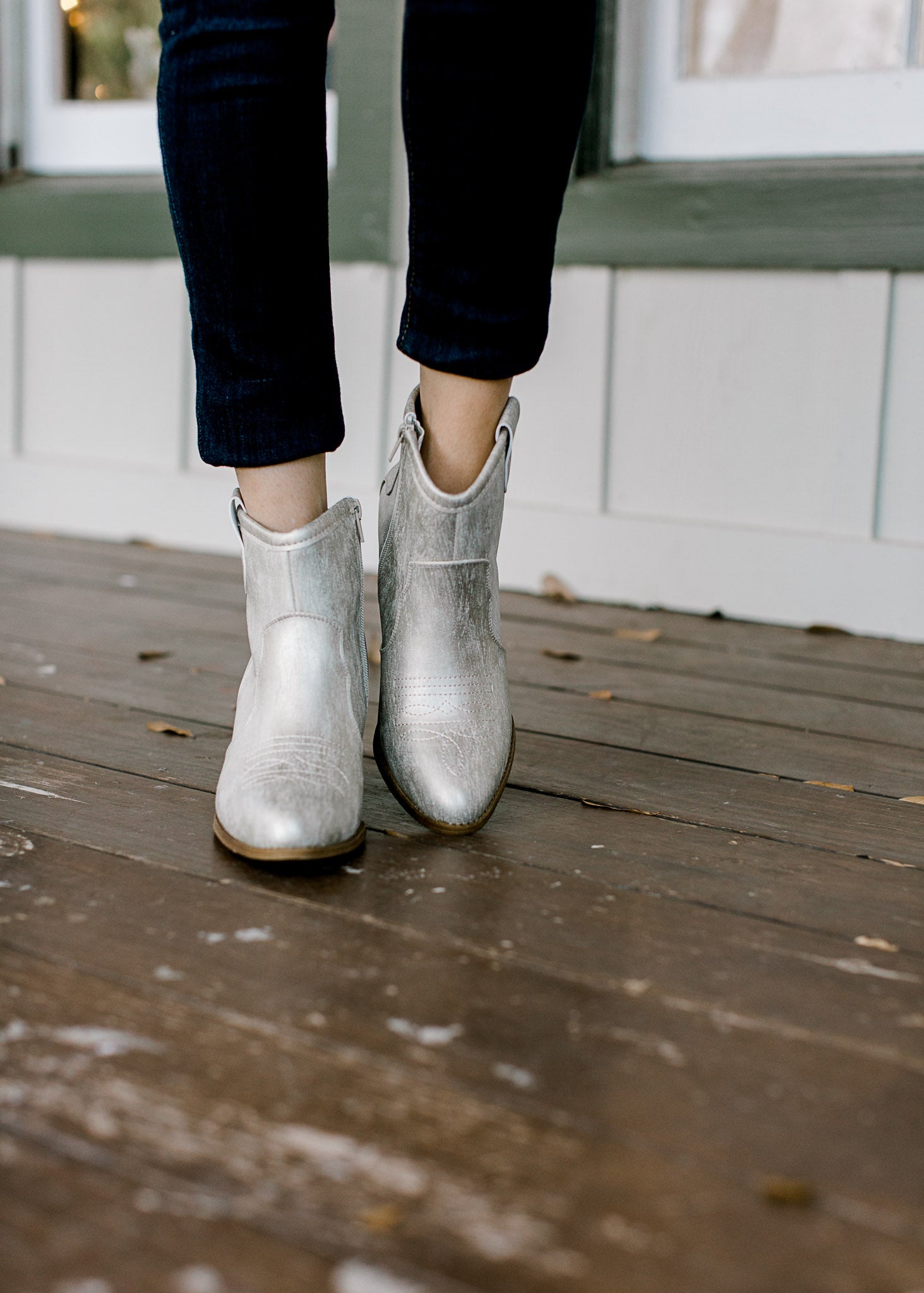 Front view of natural shimmer bootie.