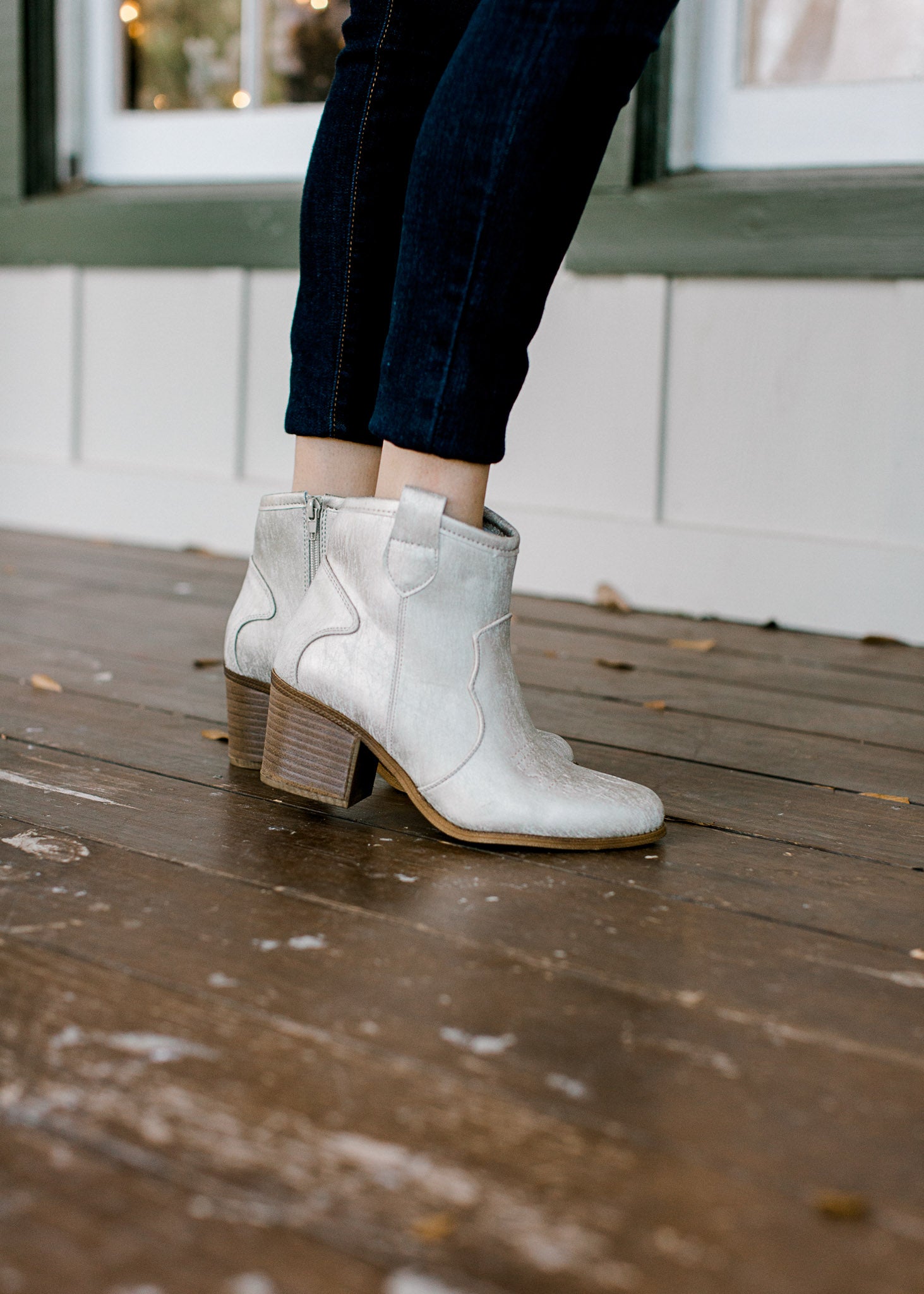 Model wearing natural shimmer bootie.